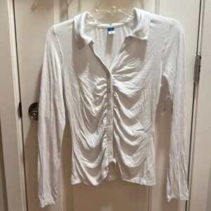 Old Navy Women Ribbed Ruched Button Front Long Sleeve Collared Shirt Top Medium